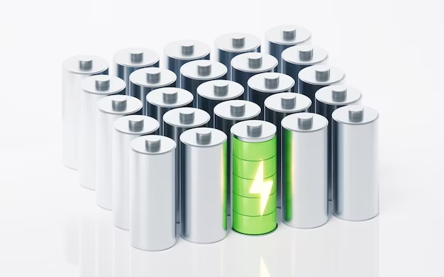 A single fully charged battery standing out among silver-colored batteries