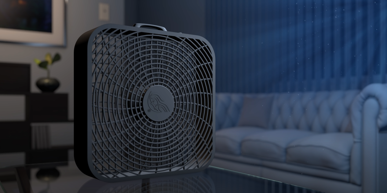 Box fan on table in living room