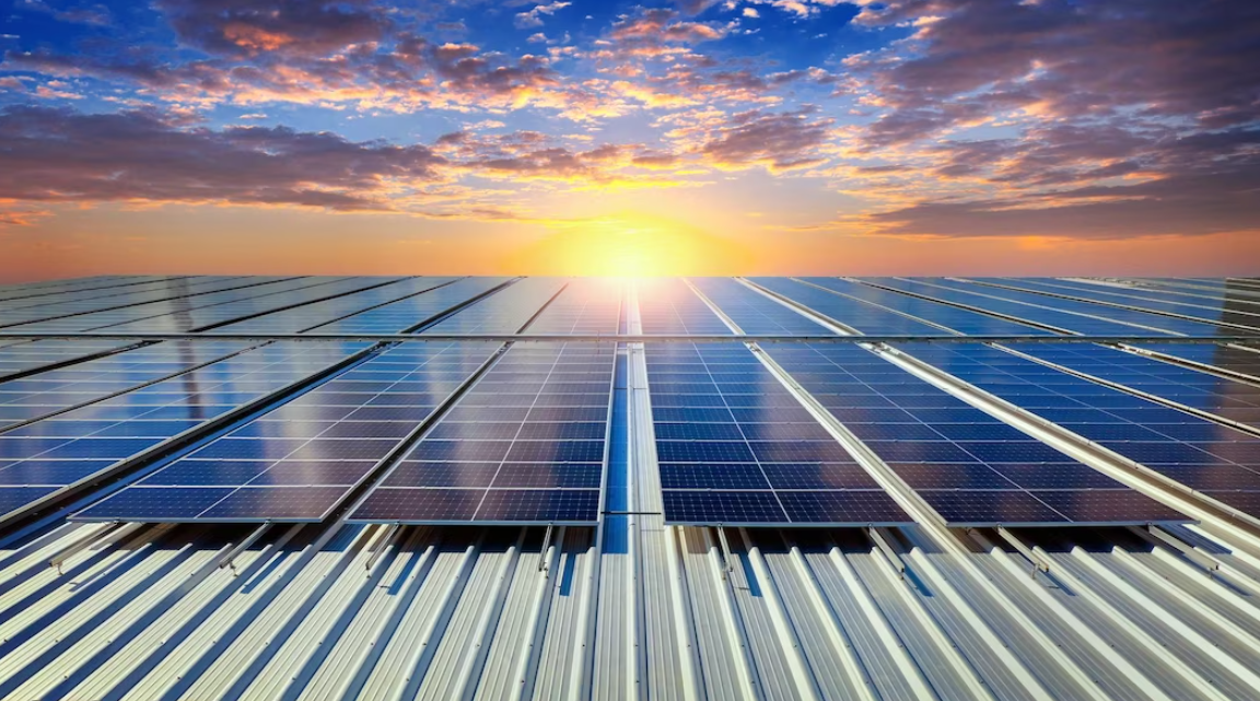 solar panels on the roof, cloudy colorful sky