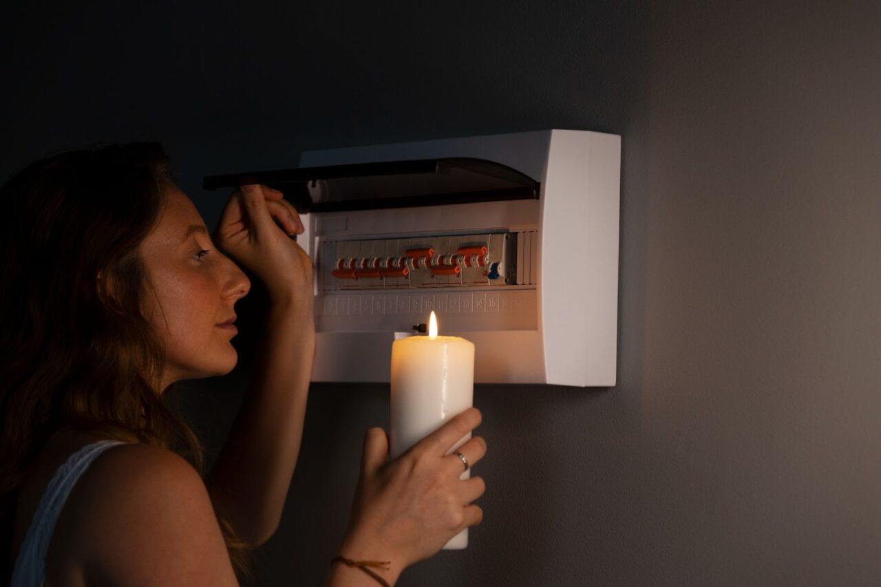 a woman checking an electrical panel with circuit breakers